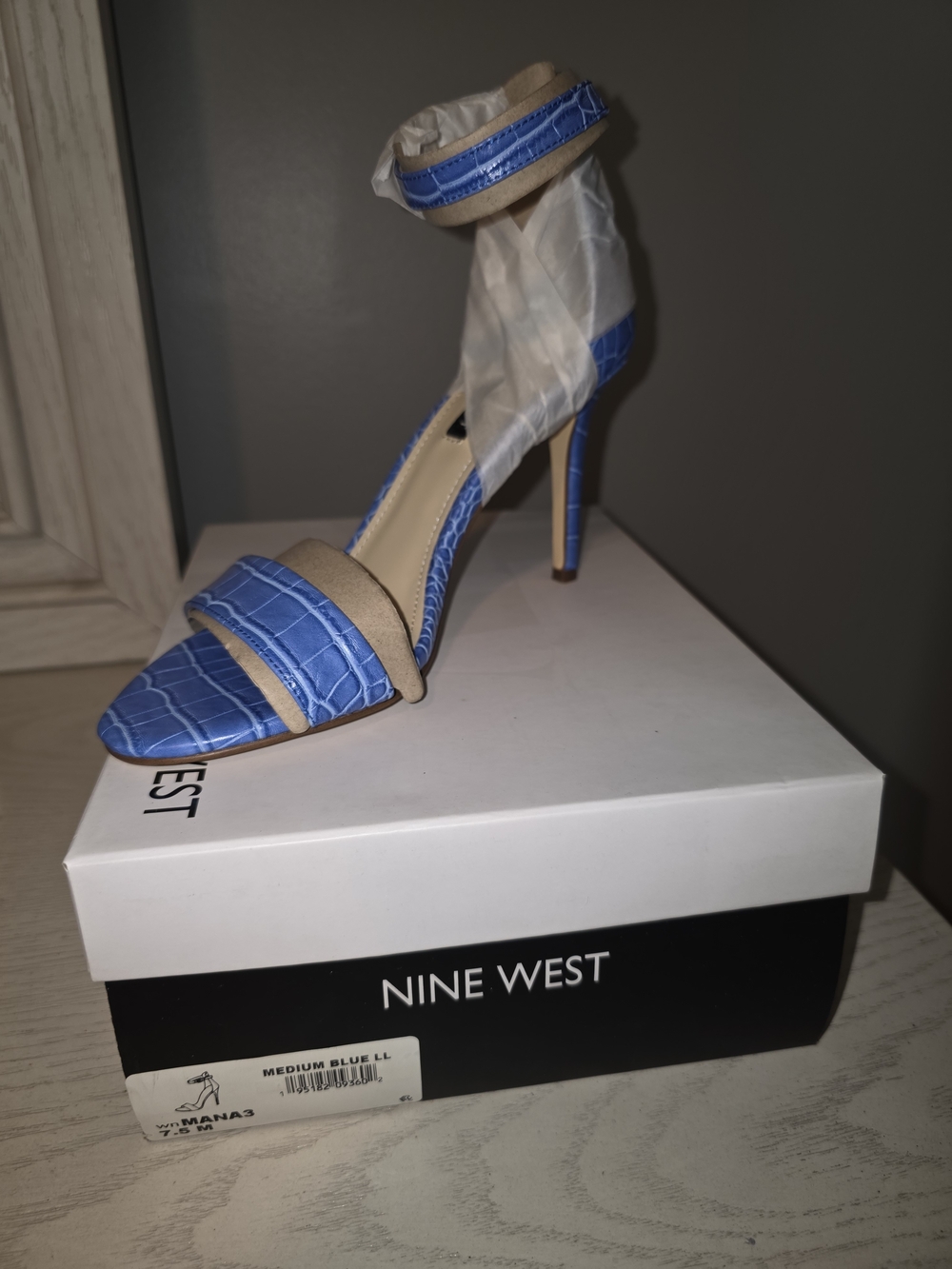 Nine West Blue Croc-Embossed Ankle-Strap Stiletto with Tan Accents